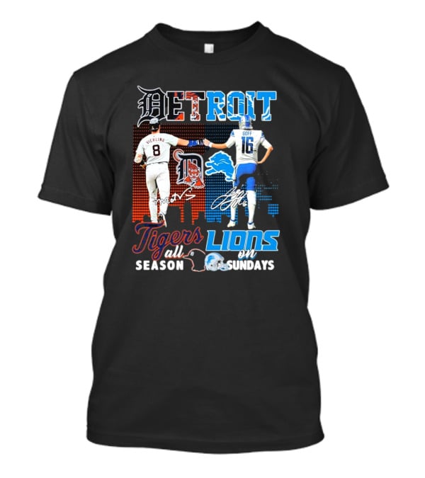 Detroit Tigers All Season X Detroit Lions On Sundays Detroit Tigers Lions Logos Sports Icons Collaboration T-Shirt