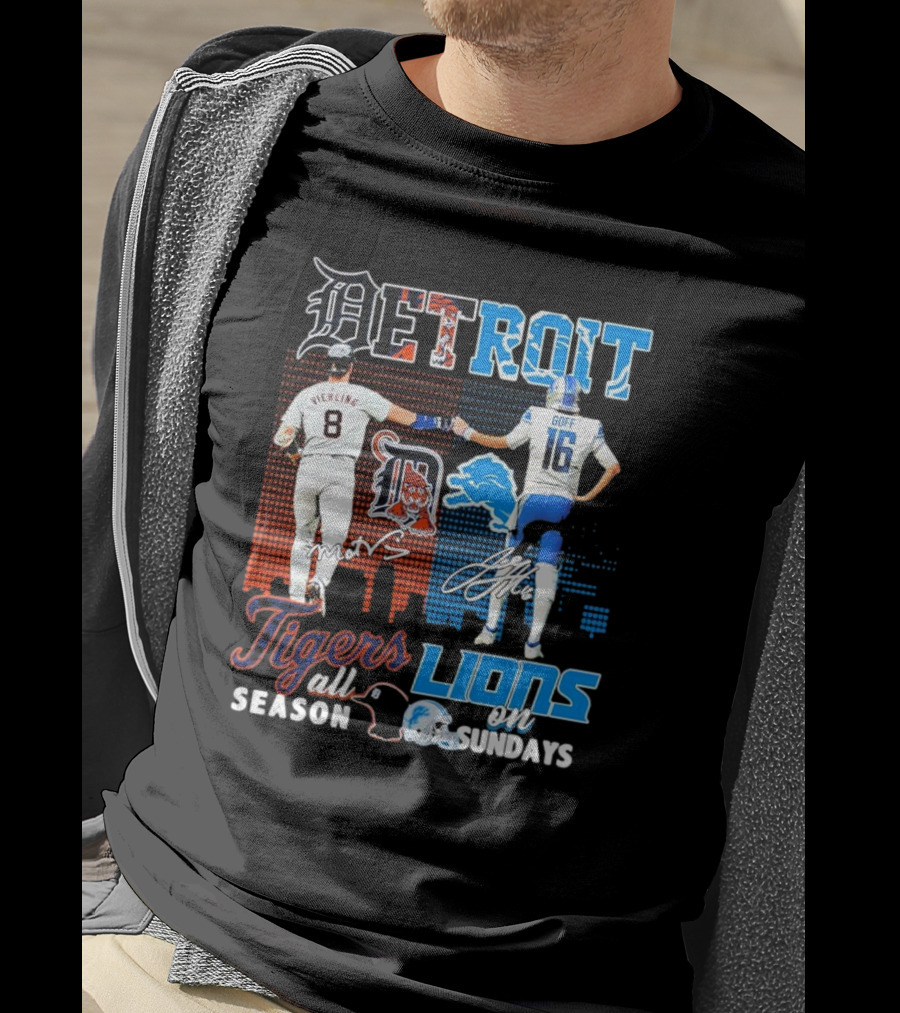 Detroit Tigers All Season X Detroit Lions On Sundays Detroit Tigers Lions Logos Sports Icons Collaboration T-Shirt