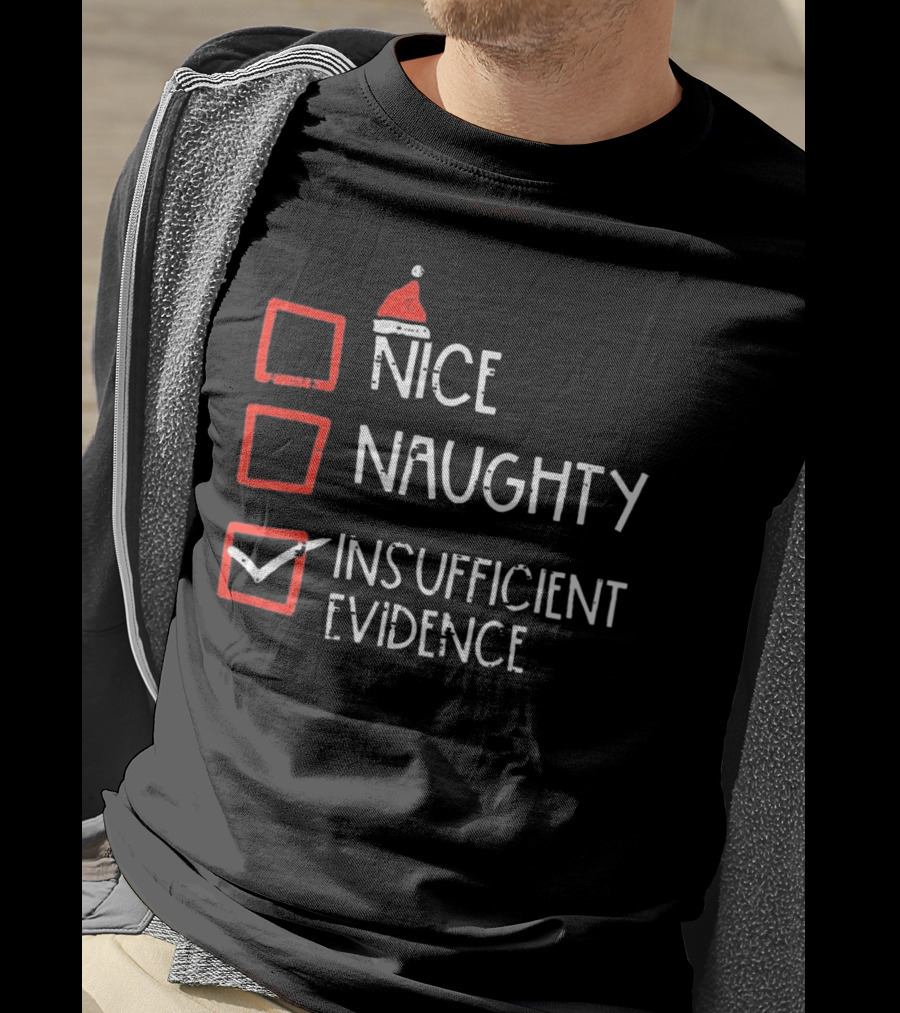 Nice Naughty Insufficient Evidence Christmas Santa Hat Checkmark Boxes T-Shirt