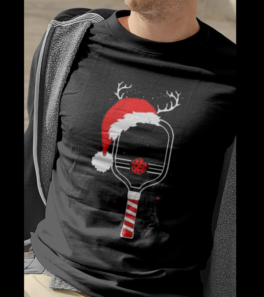 Pickleball Holiday Reindeer Santa Hat Christmas Paddle T-Shirt