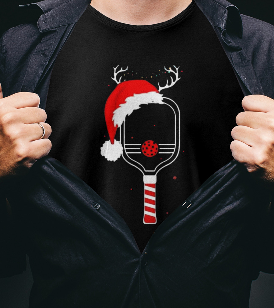 Pickleball Holiday Reindeer Santa Hat Christmas Paddle T-Shirt