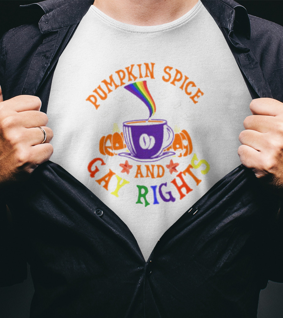 Pumpkin Spice And Gay Rights Rainbow Coffee Cup With Pumpkins And Bats T-Shirt