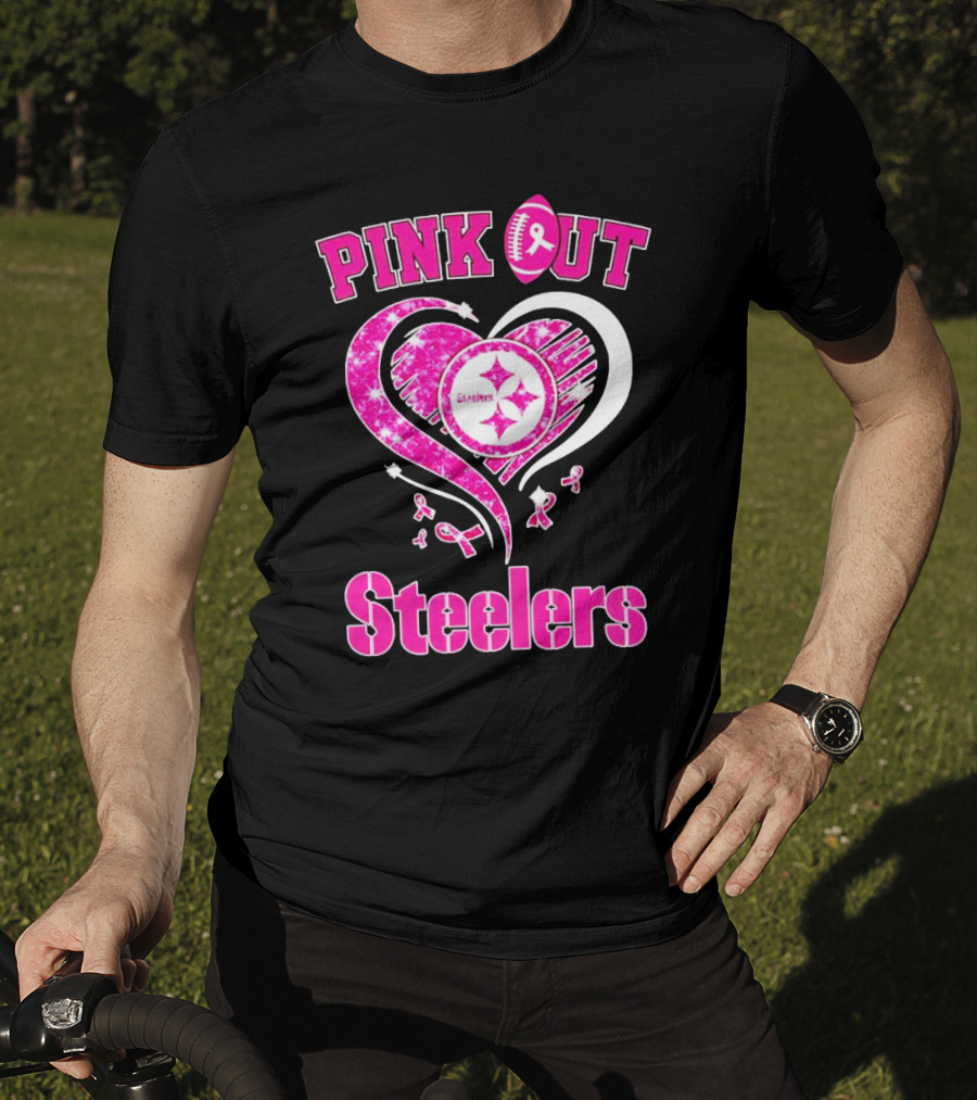 Pink Out Steelers Breast Cancer Heart Diamond T-Shirt