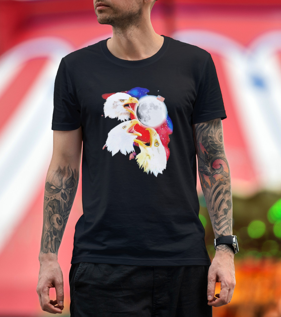 Three Eagles To The Moon American Flag Lunar Trio T-Shirt