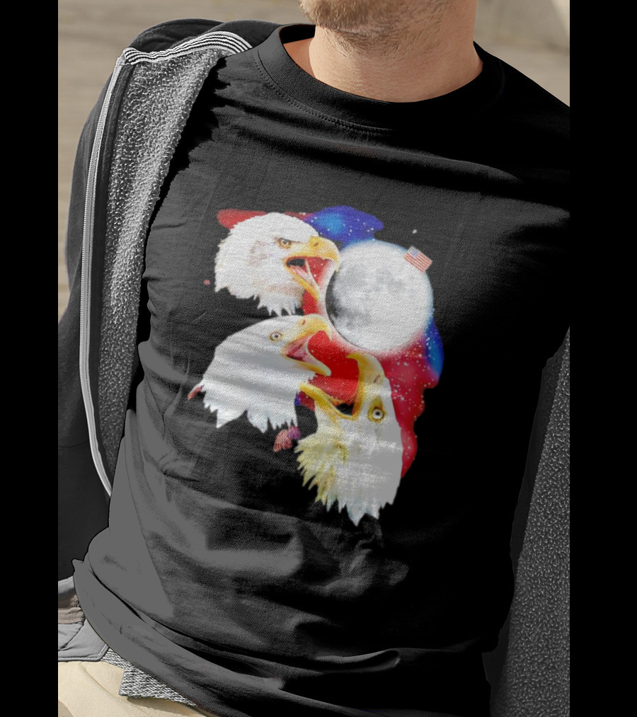 Three Eagles To The Moon American Flag Lunar Trio T-Shirt