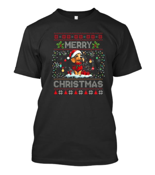 Merry Christmas Dachshund With Santa Hat And Holiday Lights Decorations Dog Lover Xmas T-Shirt