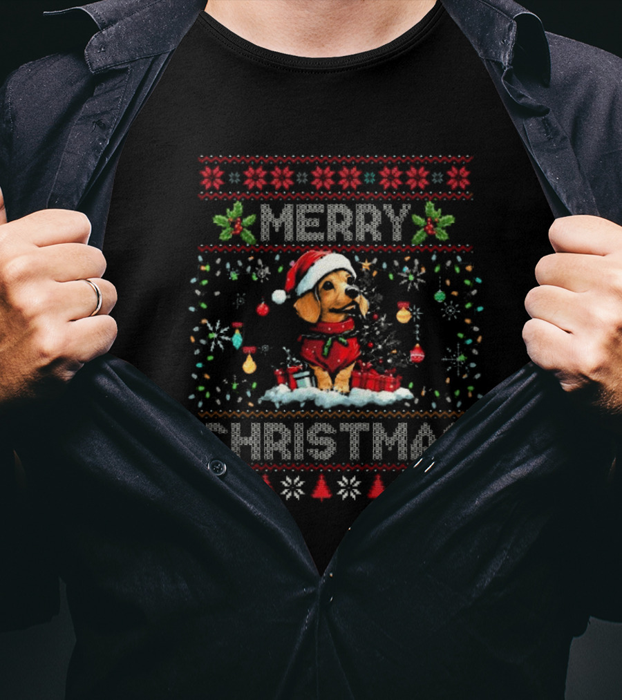 Merry Christmas Dachshund With Santa Hat And Holiday Lights Decorations Dog Lover Xmas T-Shirt