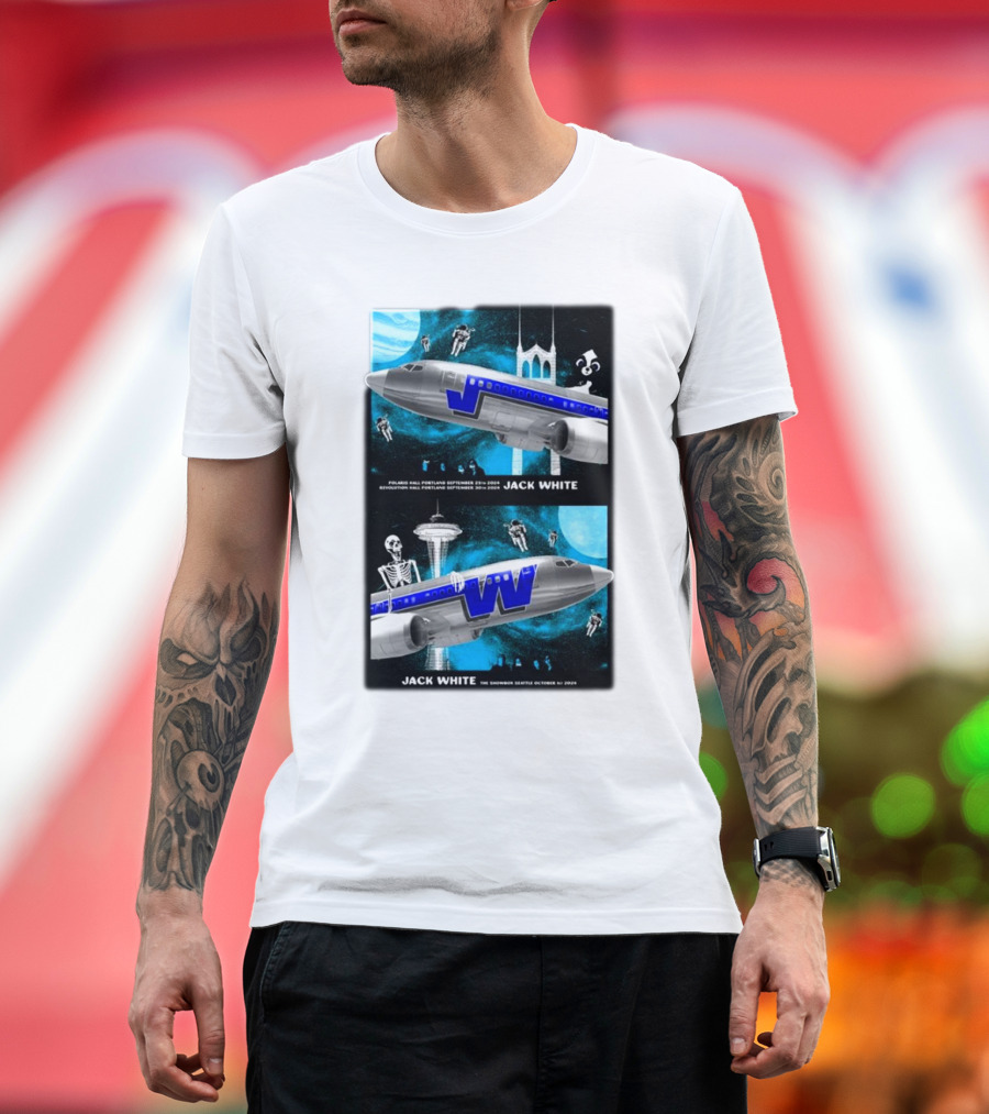 Jack White Portland September 29-30 Seattle October 1 2024 Tour Poster Skeletons Airplane Seattle Space Needle T-Shirt