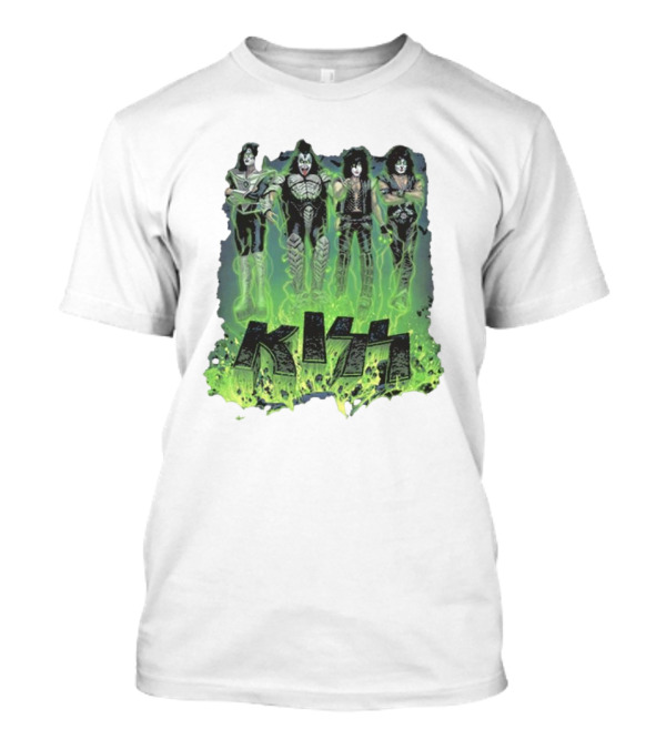 KISS Band Members In Green Glow With Conjuring Bats T-Shirt