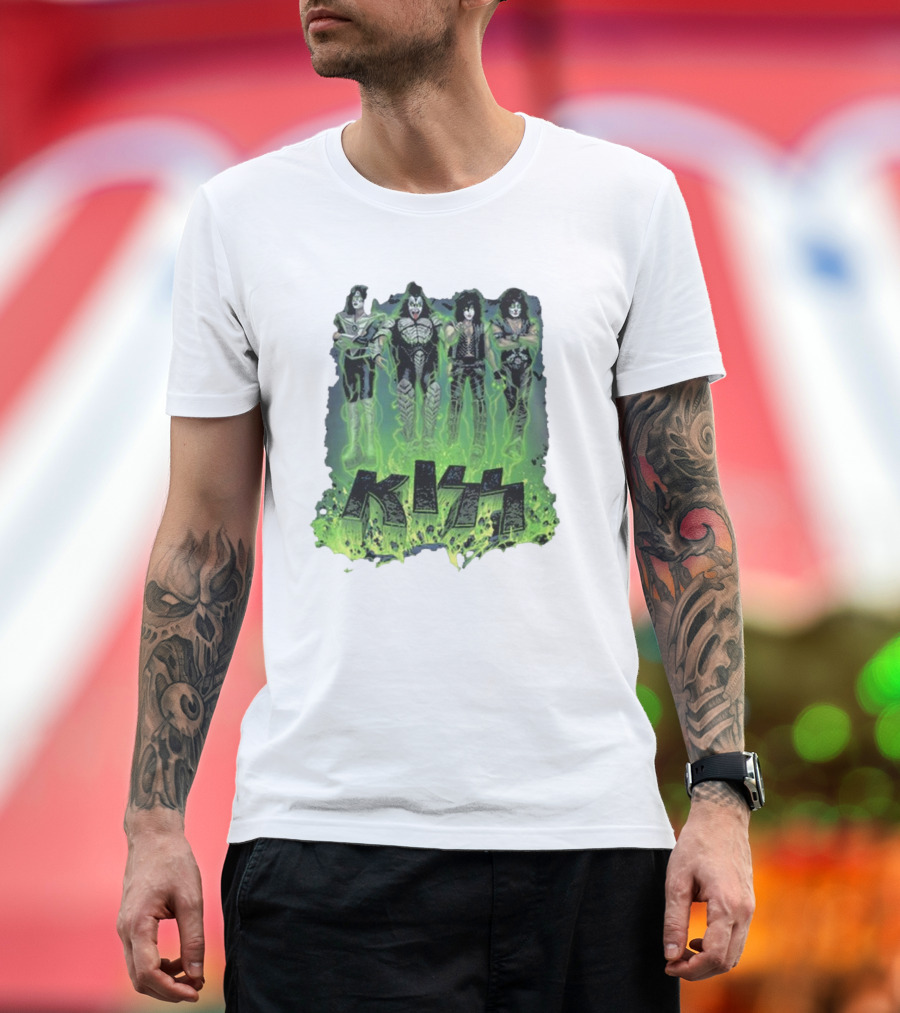 KISS Band Members in Green Glow with Conjuring Bats T-Shirt