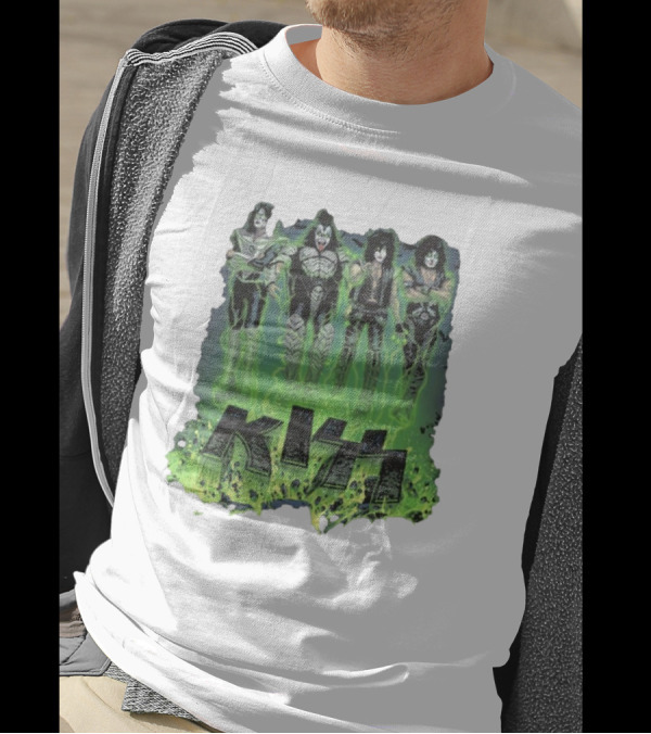 KISS Band Members In Green Glow With Conjuring Bats T-Shirt
