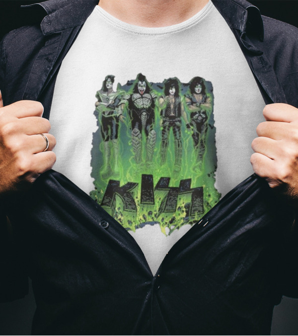 KISS Band Members In Green Glow With Conjuring Bats T-Shirt