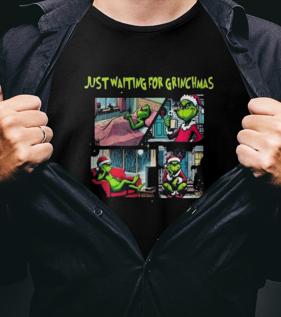Just Waiting For Grinchmas Santa Grinch Cartoon Panels T-Shirt