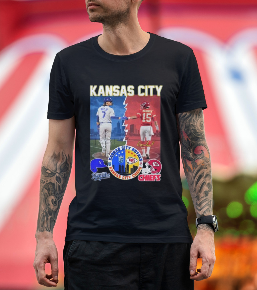 Kansas City Royals Bobby Witt Jr and Chiefs Patrick Mahomes Skyline Logos and Signatures T-Shirt