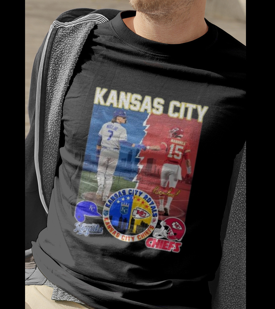 Kansas City Royals Bobby Witt Jr And Chiefs Patrick Mahomes Skyline Logos And Signatures T-Shirt