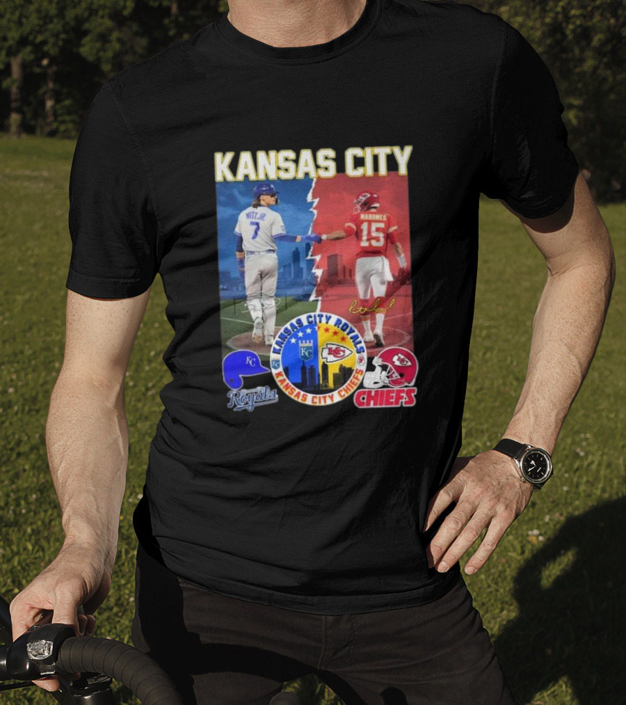 Kansas City Royals Bobby Witt Jr And Chiefs Patrick Mahomes Skyline Logos And Signatures T-Shirt