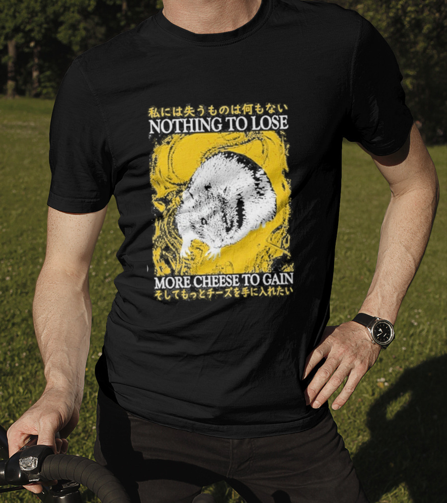 Nothing To Lose More Cheese To Gain Lukathemouse Yellow Background Japanese Text T-Shirt
