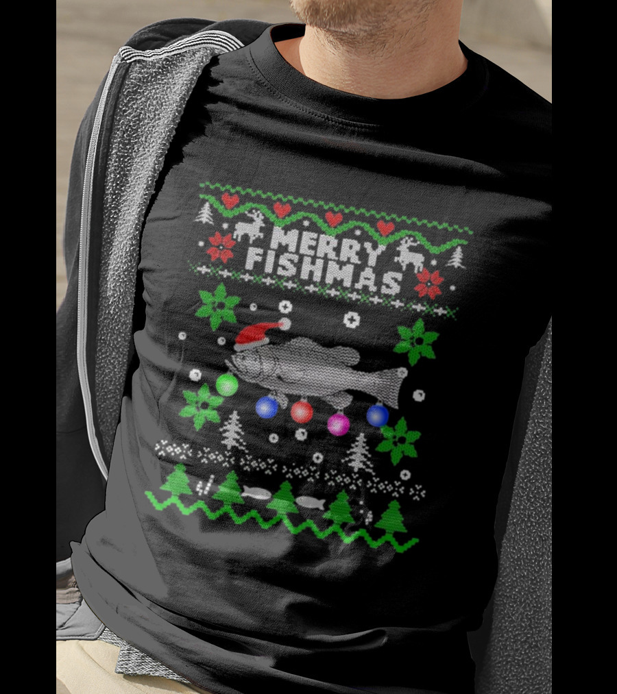 Merry Fishmas Large Mouth Bass Ugly Christmas Fishing Holiday T-Shirt