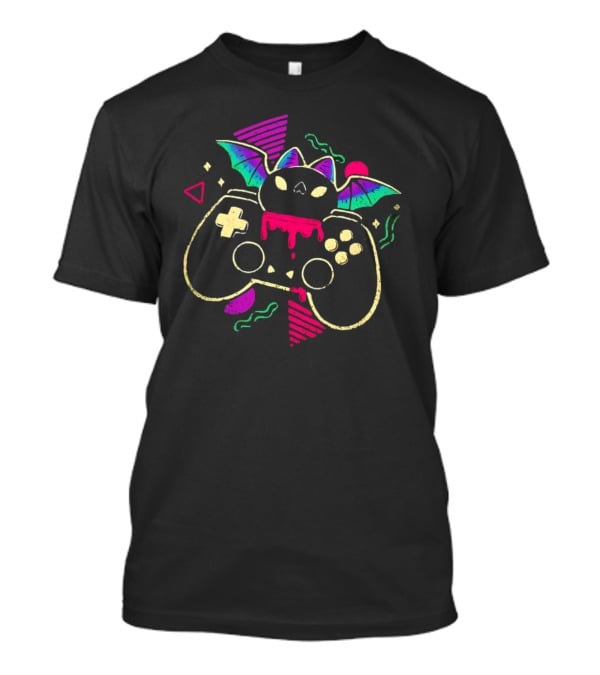 Creepy Cute Gamer Bat With Neon Controller And Dripping Colors T-Shirt