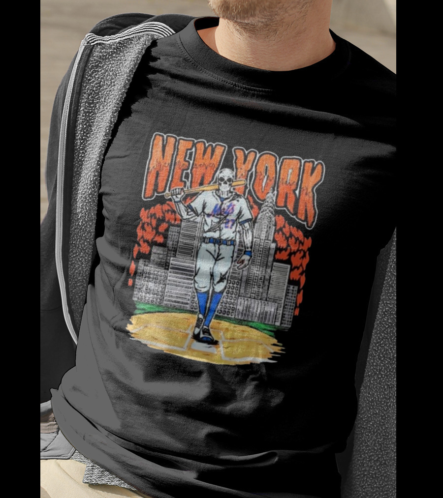 Reed Garrett New York Mets MLB Painting Skeleton Batter City Skyline T-Shirt