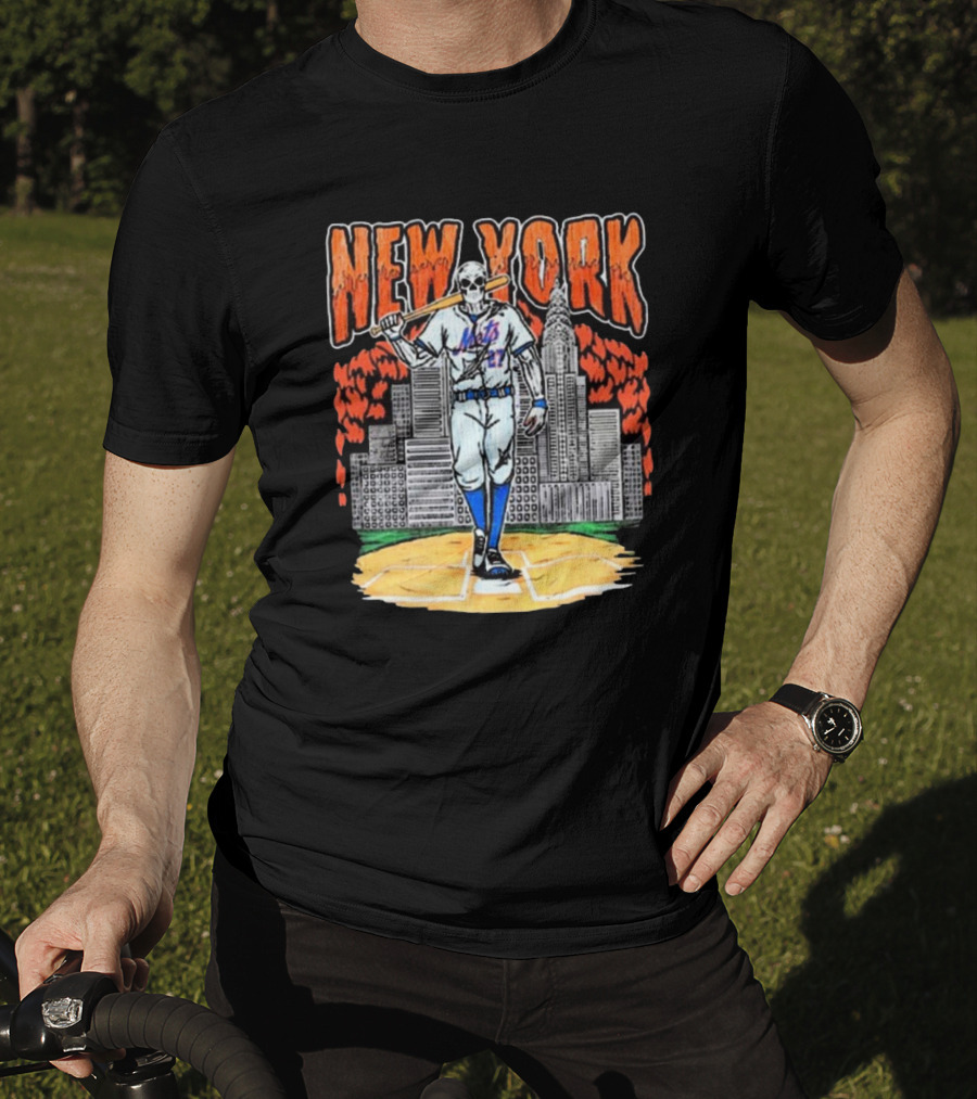 Reed Garrett New York Mets MLB Painting Skeleton Batter City Skyline T-Shirt