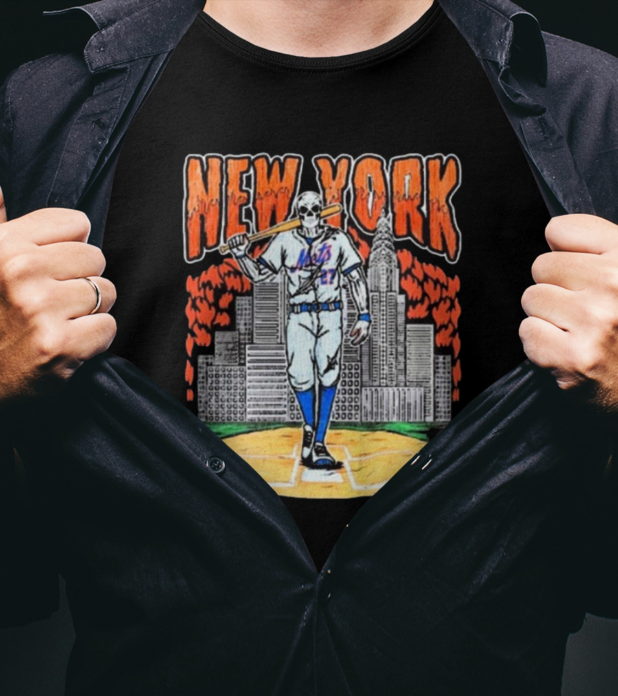 Reed Garrett New York Mets MLB Painting Skeleton Batter City Skyline T-Shirt