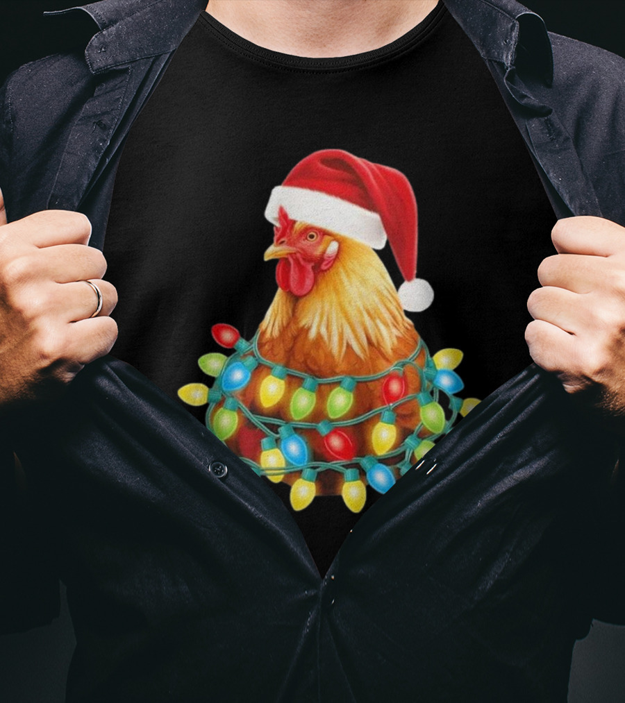 Santa Chicken Christmas Lights Festive Hilarious T-Shirt