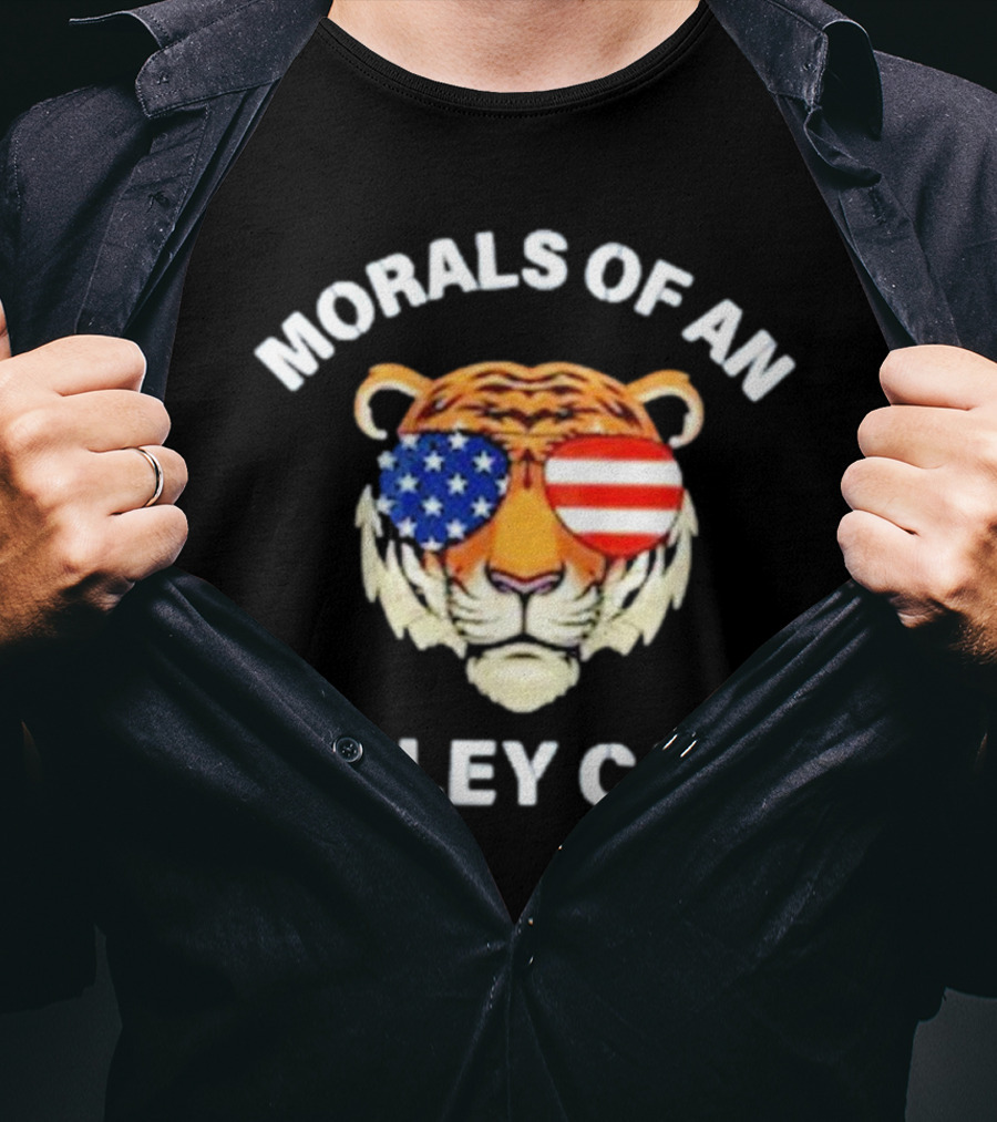 Morals Of An Alley Cat Tiger With American Flag Sunglasses T-Shirt