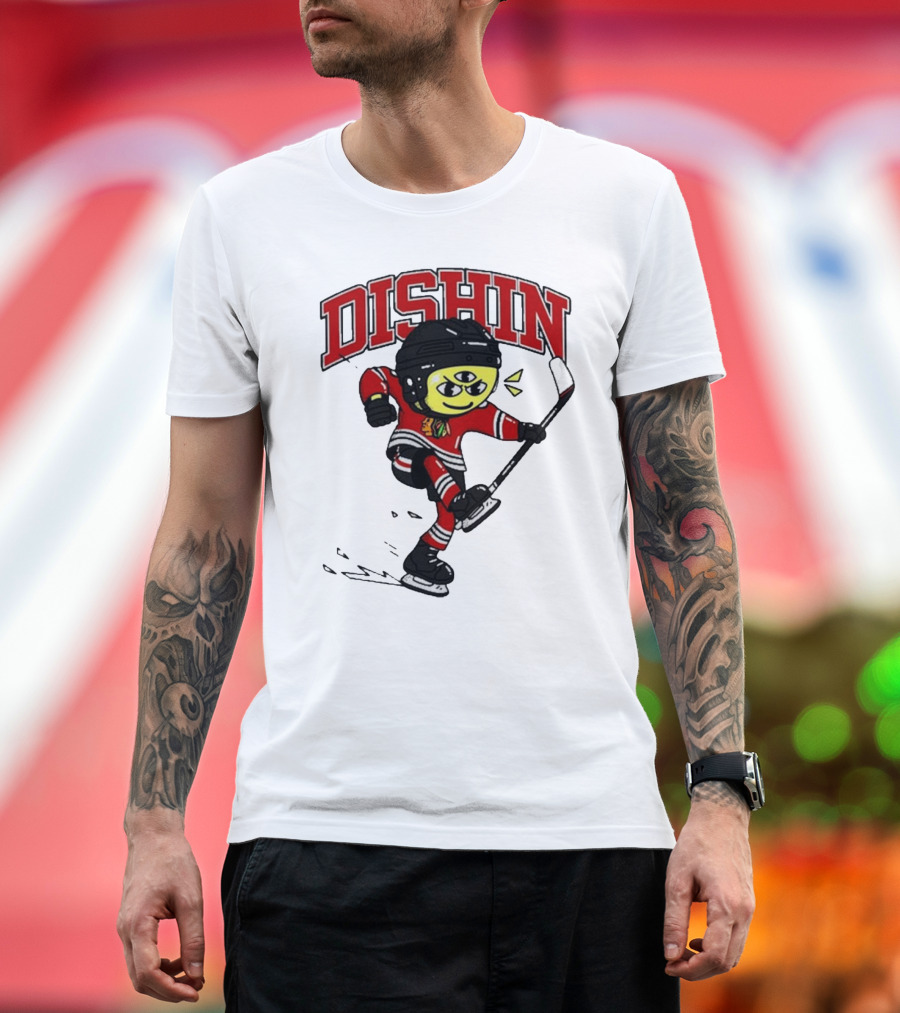 Chicago Blackhawks Just Dishin Hockey Player Cartoon Character Skating T-Shirt