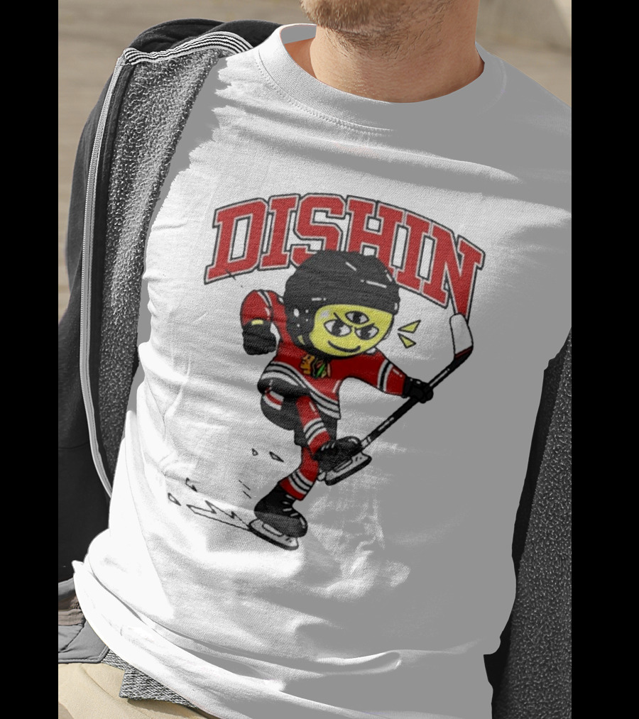 Chicago Blackhawks Just Dishin Hockey Player Cartoon Character Skating T-Shirt