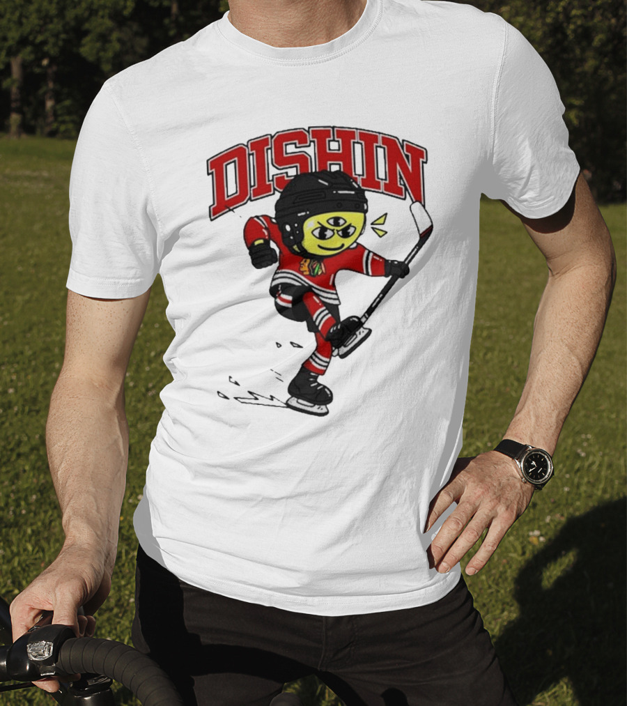Chicago Blackhawks Just Dishin Hockey Player Cartoon Character Skating T-Shirt