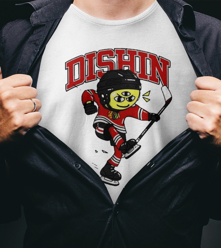 Chicago Blackhawks Just Dishin Hockey Player Cartoon Character Skating T-Shirt