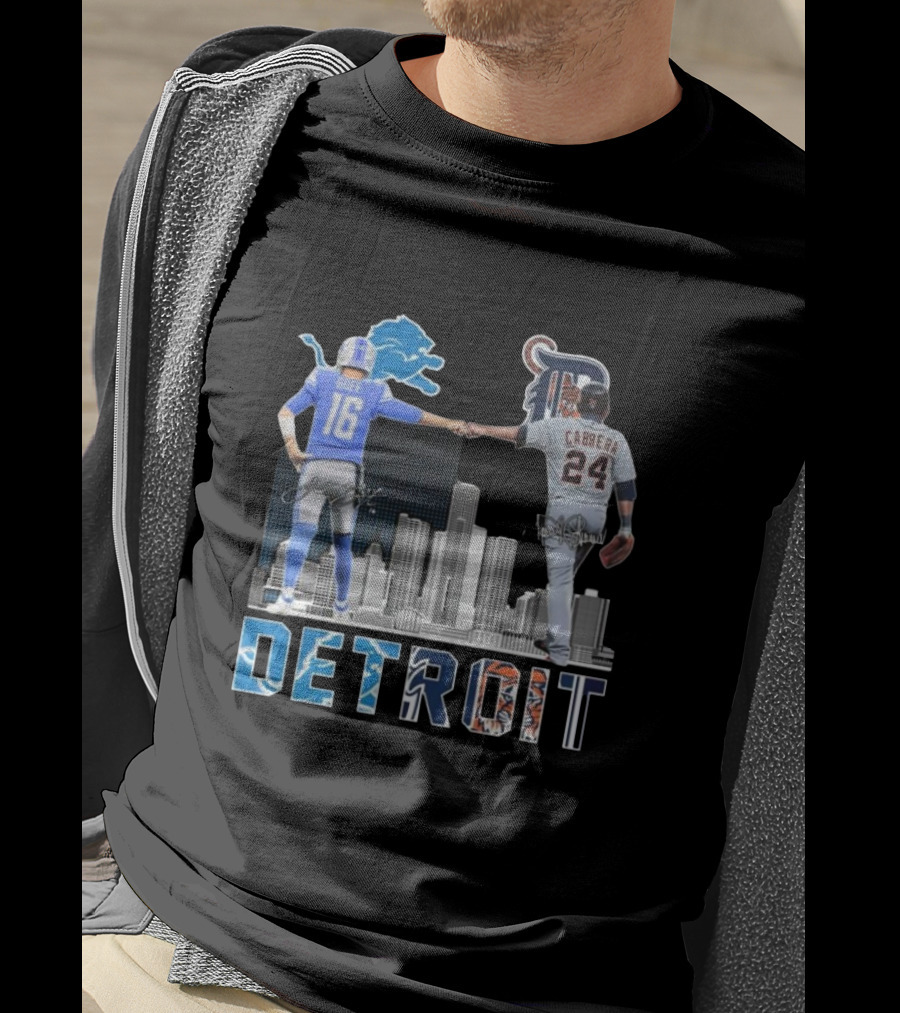 Detroit Lions Goff Tigers Cabrera Signatures Skyline T-Shirt