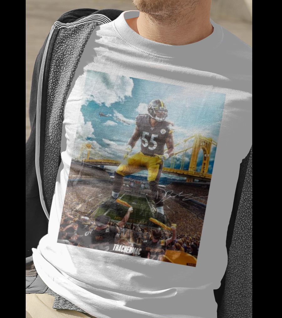 Thachermac Pittsburgh Steelers 55 Player In Stadium With Signature And Bridge Background T-Shirt