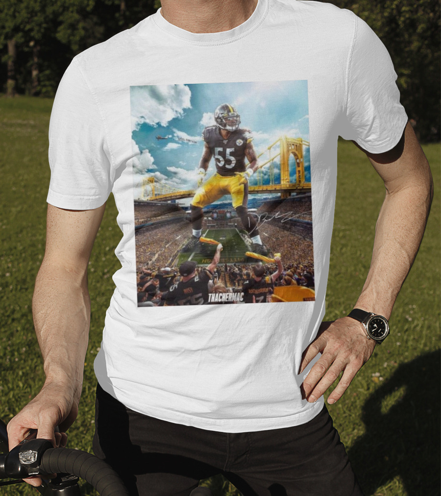 Thachermac Pittsburgh Steelers 55 Player In Stadium With Signature And Bridge Background T-Shirt
