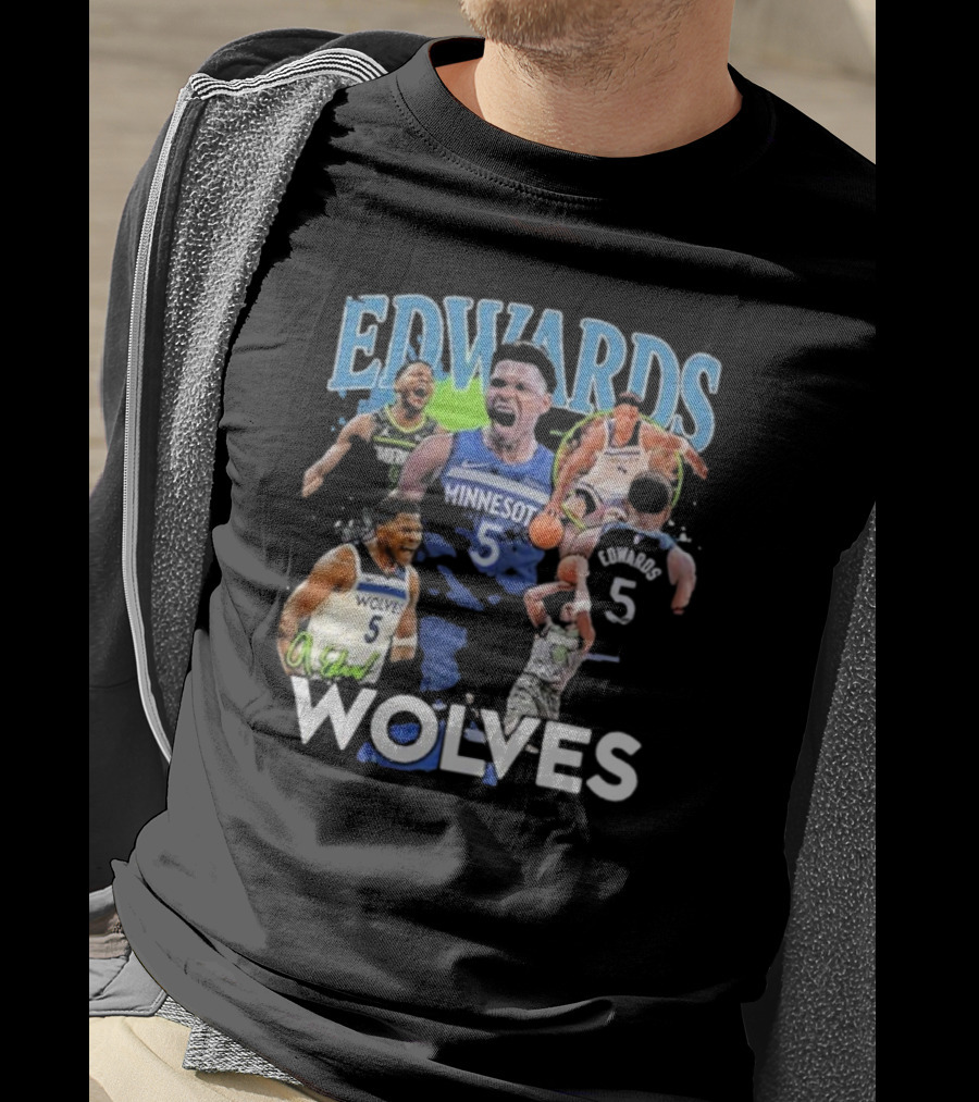 EDWARDS Minnesota Wolves Number 5 Basketball Action Collage T-Shirt