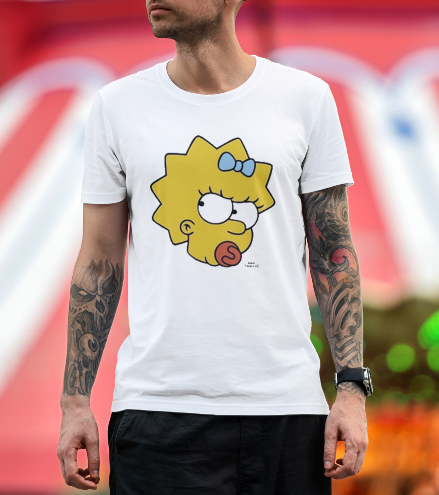 Simpsons Maggie Angry Big Face Black Sunglasses Blue Bow T-Shirt
