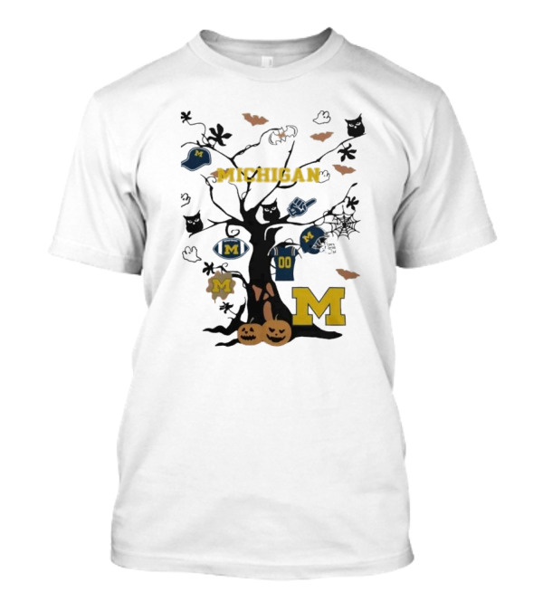 Michigan Wolverines 2024 Halloween Tree With Pumpkins And Bats T-Shirt