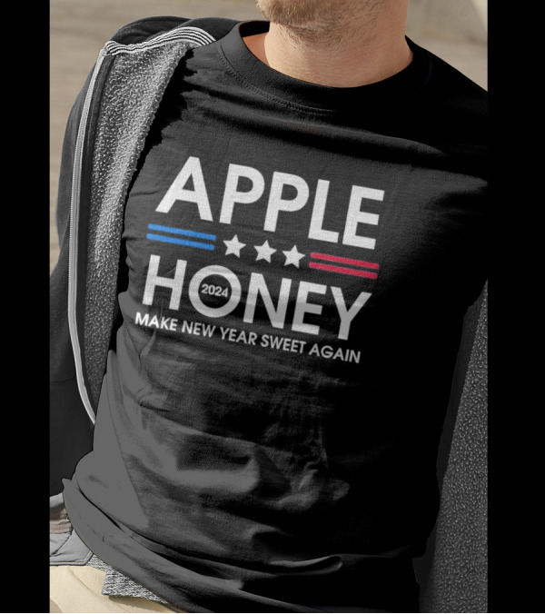 Apple Honey 2024 Make New Year Sweet Again Rosh Hashanah Stars Stripes T-Shirt