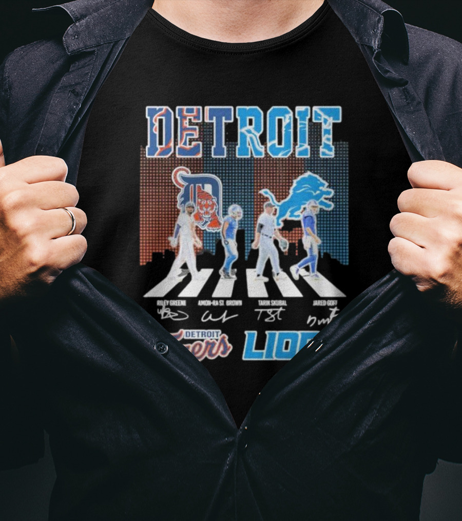 Detroit Lions Detroit Tigers Abbey Road Riley Greene Amon-Ra St. Brown Tarik Skubal Jared Goff Signatures T-Shirt