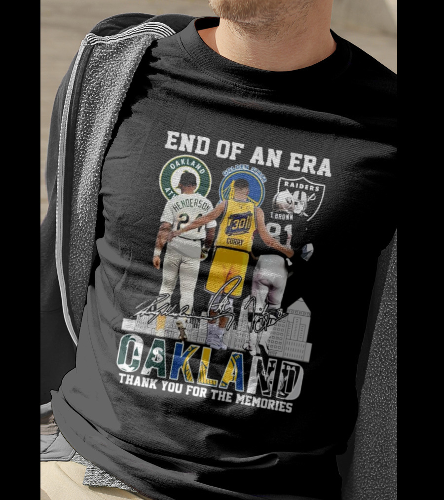 End Of An Era Oakland Henderson Curry Brown Thank You For The Memories Signatures T-Shirt
