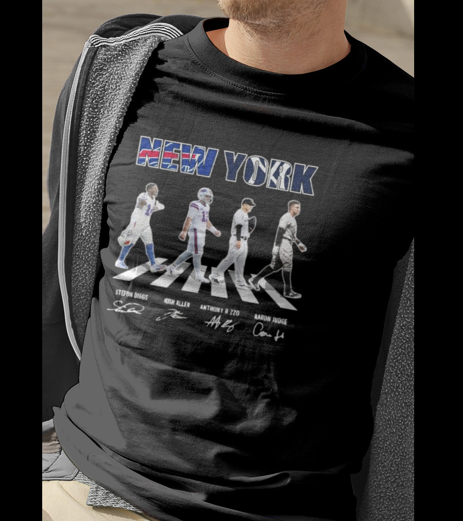 New York Teams Buffalo Bills Yankees Stefon Diggs Josh Allen Anthony Rizzo Aaron Judge Walking Signatures T-Shirt