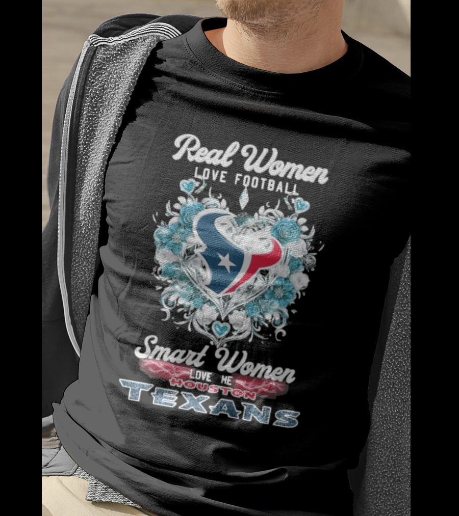 Real Women Love Football Smart Women Love The Houston Texans Floral Diamonds Heart T-Shirt
