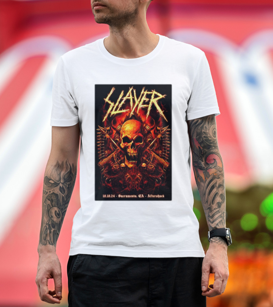 Slayer Aftershock Tour Sacramento CA October 10 2024 Skull and Crossed Swords T-Shirt