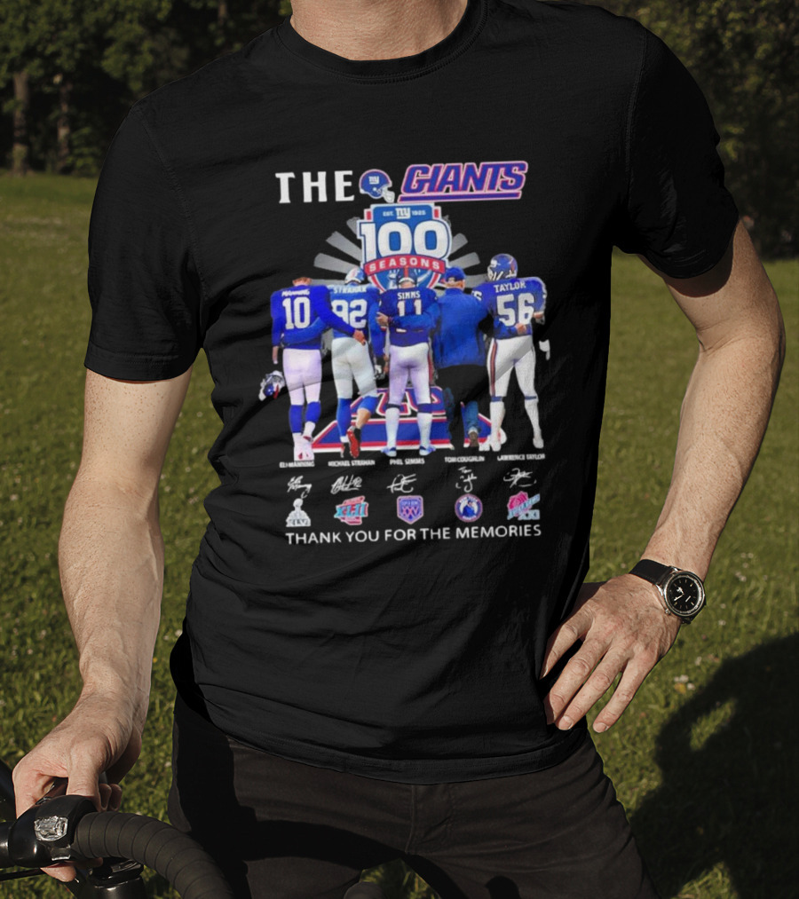 THE GIANTS 100 SEASONS Eli Manning Michael Strahan Phil Simms Tom Coughlin Lawrence Taylor Thank You For The Memories T-Shirt