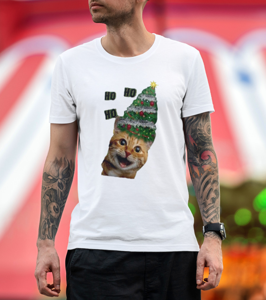 Cat With Christmas Tree Hat Ho Ho Ho Christmas T-Shirt