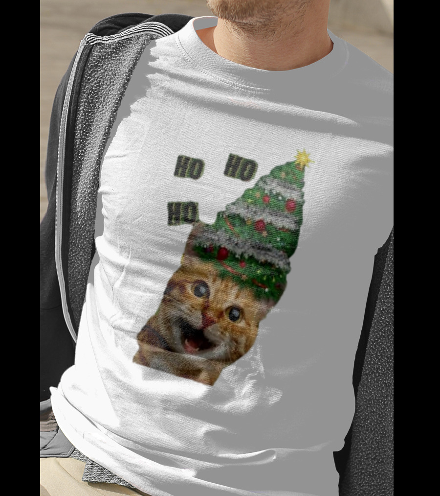 Cat With Christmas Tree Hat Ho Ho Ho Christmas T-Shirt