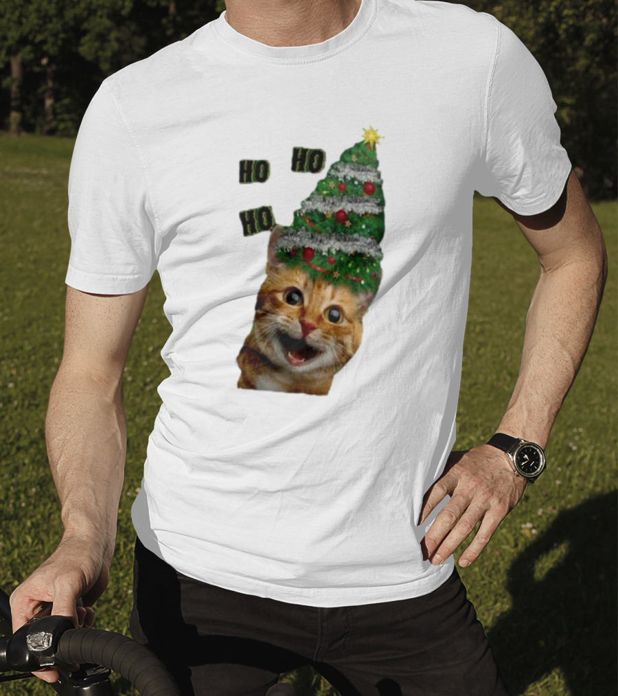 Cat With Christmas Tree Hat Ho Ho Ho Christmas T-Shirt
