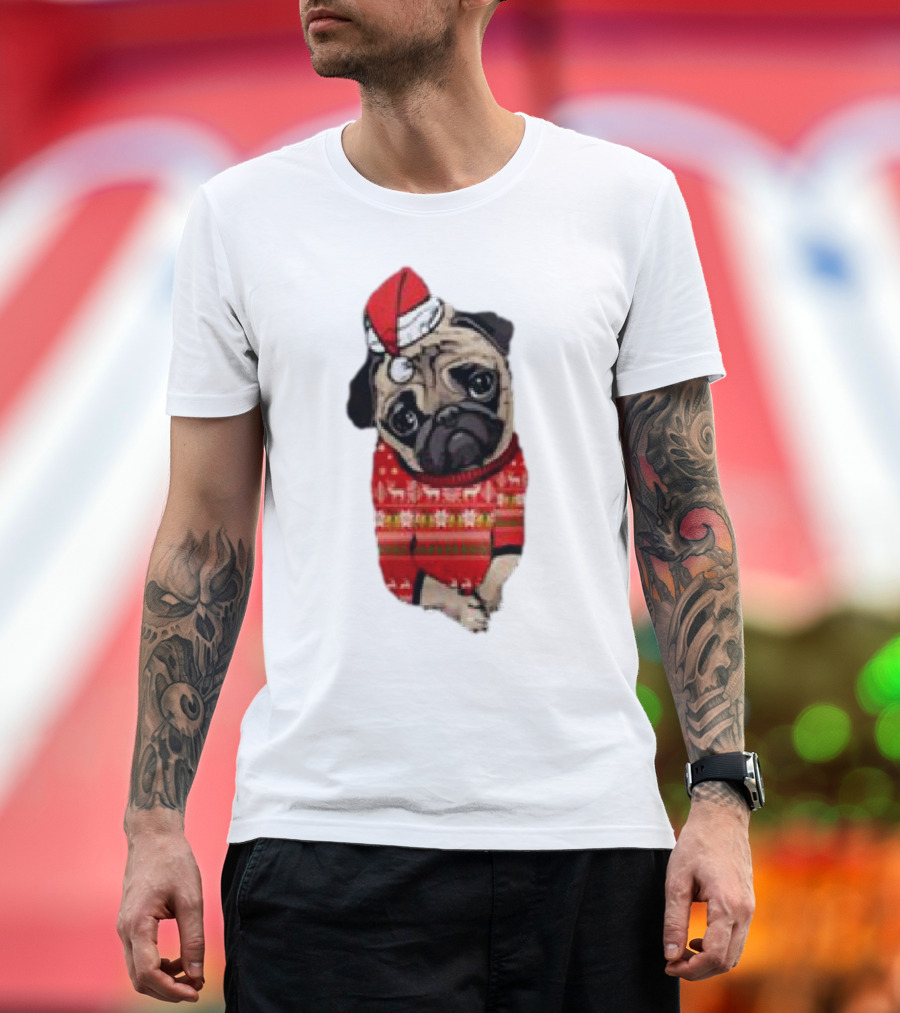 Lovely Pug Christmas Sweater Santa Hat Holiday T-Shirt