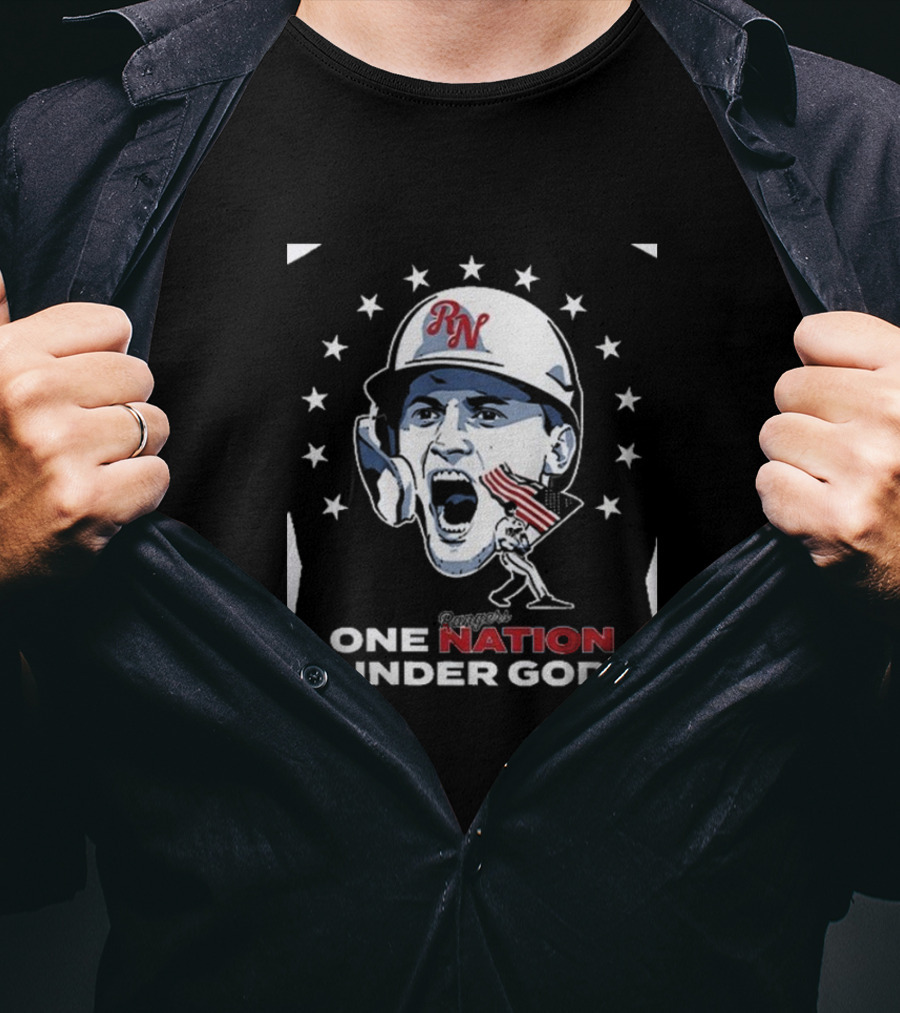 Rangers One Nation Under God Baseball Player And Stars With American Flag T-Shirt